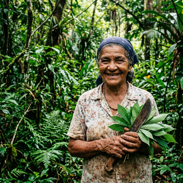 Agricultor nativo sorrindo em meio ao verde